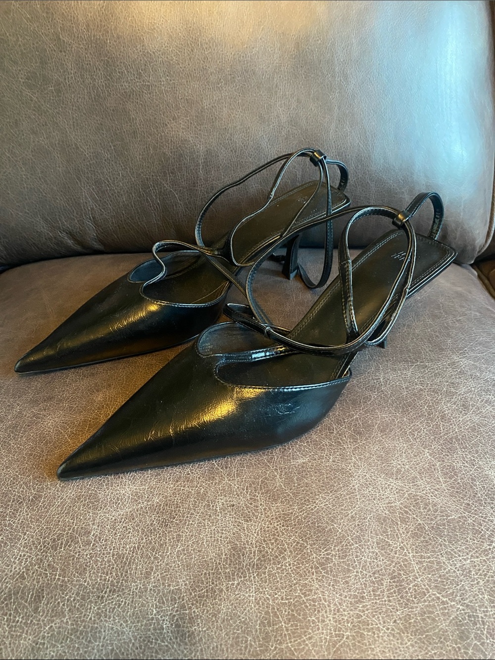 Black T-Strap Pointed Toe Heels for Women